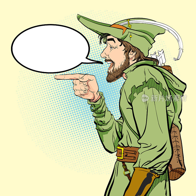 Robin Hood in a hat with feather. Defender of weak. Medieval legends. Heroes of medieval legends. Halftone background.